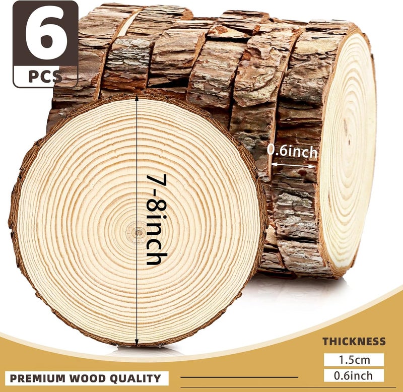 FSWCCK 6 Pack Nature Unfinished Round Wood Slices, 7-8 Inches Wooden Circle, Large Wood Slabs for Weddings Centerpieces Decor and DIY Painting Crafts - Image 2